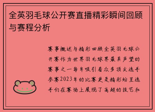 全英羽毛球公开赛直播精彩瞬间回顾与赛程分析