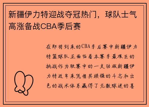 新疆伊力特迎战夺冠热门，球队士气高涨备战CBA季后赛